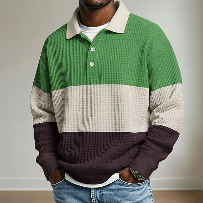 Promotion 70% Off – Men’s Horizontal Stripe Waffle Colorblock Long Sleeve Shirt
