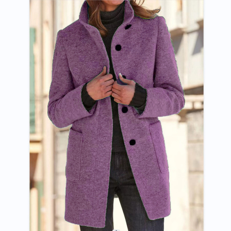 2025 Women’s Vintage Stand Collar Wool Coat with Button Closure