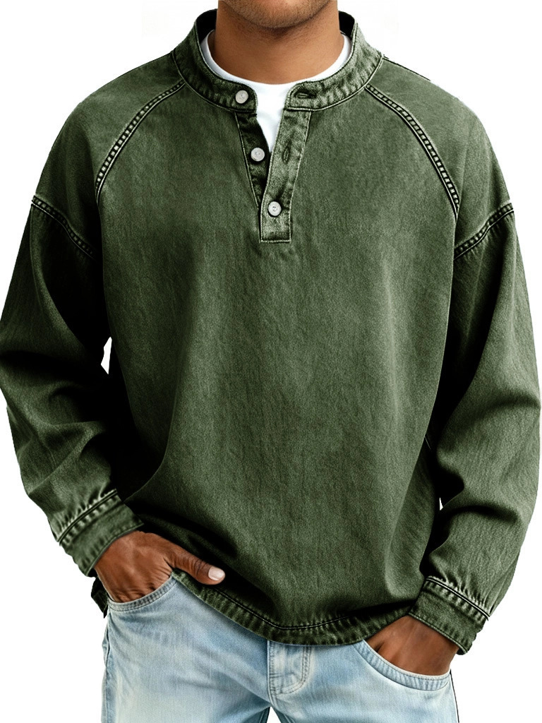 50% Off Today! - Men's Retro Fashion Distressed Stand-Collar Button Long-Sleeve Top