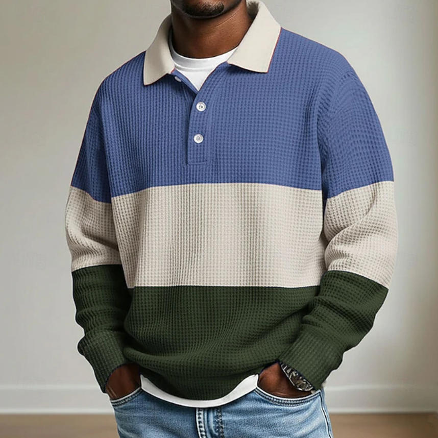 Promotion 70% Off – Men’s Horizontal Stripe Waffle Colorblock Long Sleeve Shirt
