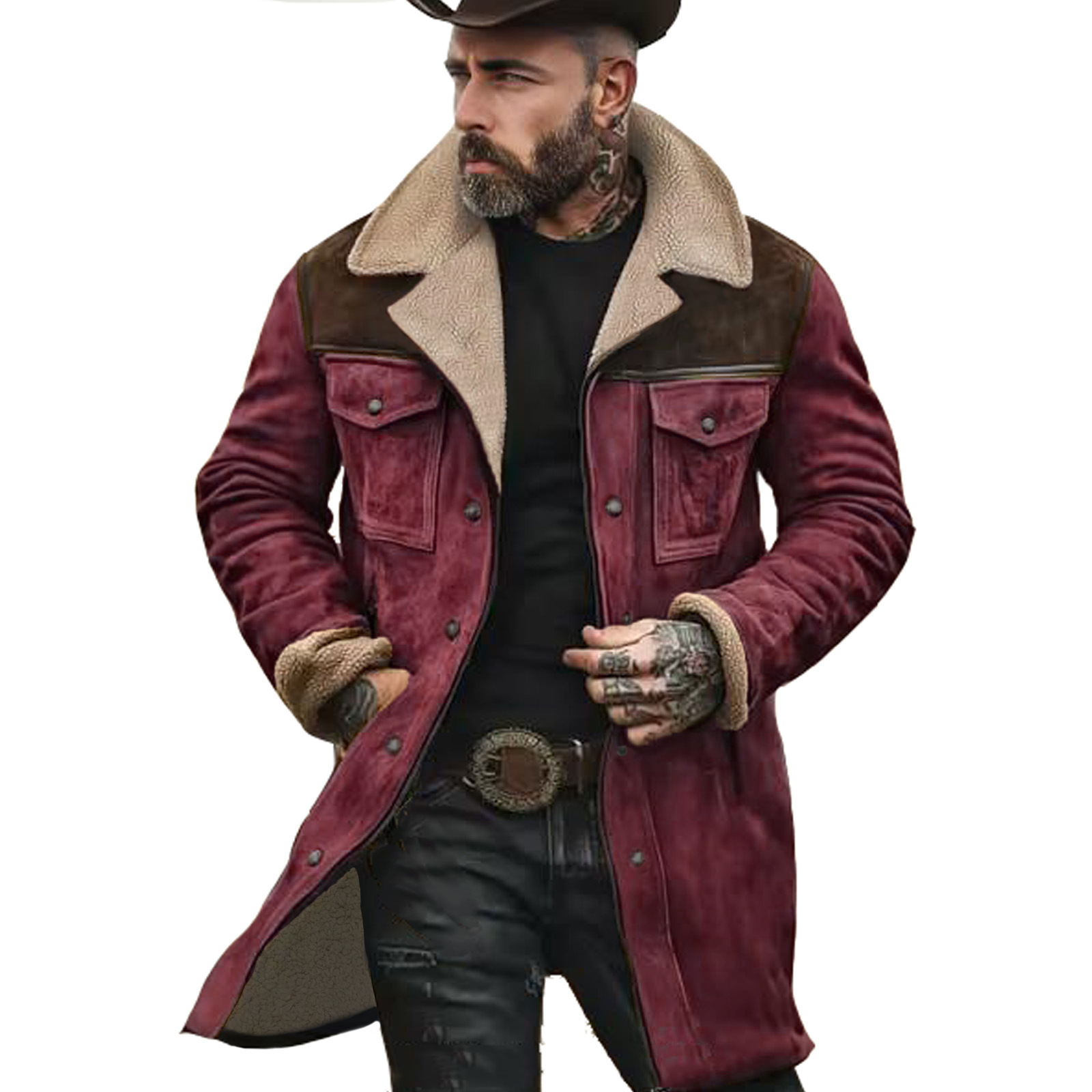 Yellowstone Series - Men's Vintage Suede Patchwork Lamb Fleece Multi-Pocket Reverse Collar Outdoor Jacket Coat