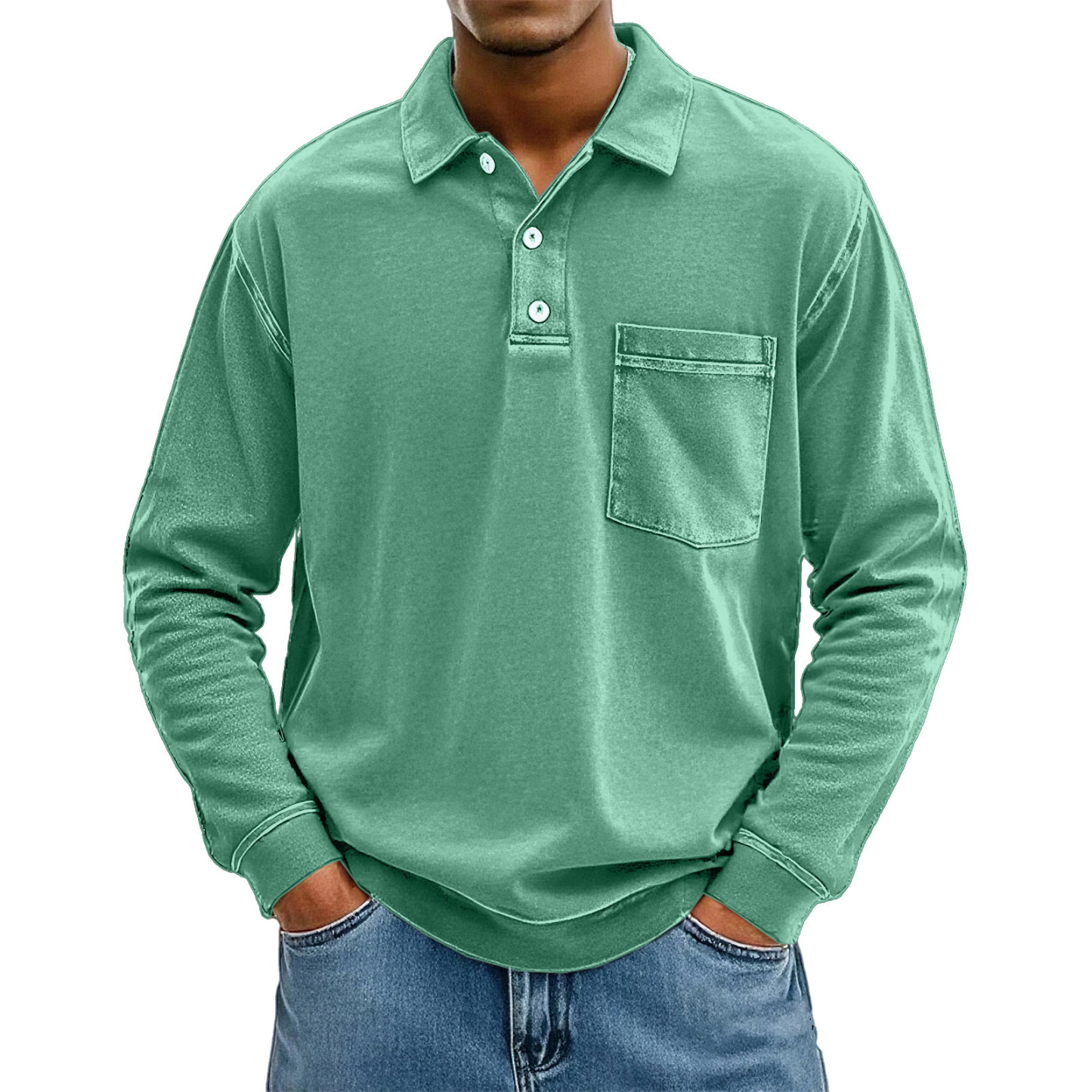 Men's Fashion Retro Washed Distressed Cotton Lapel Long Sleeve Polo Sh