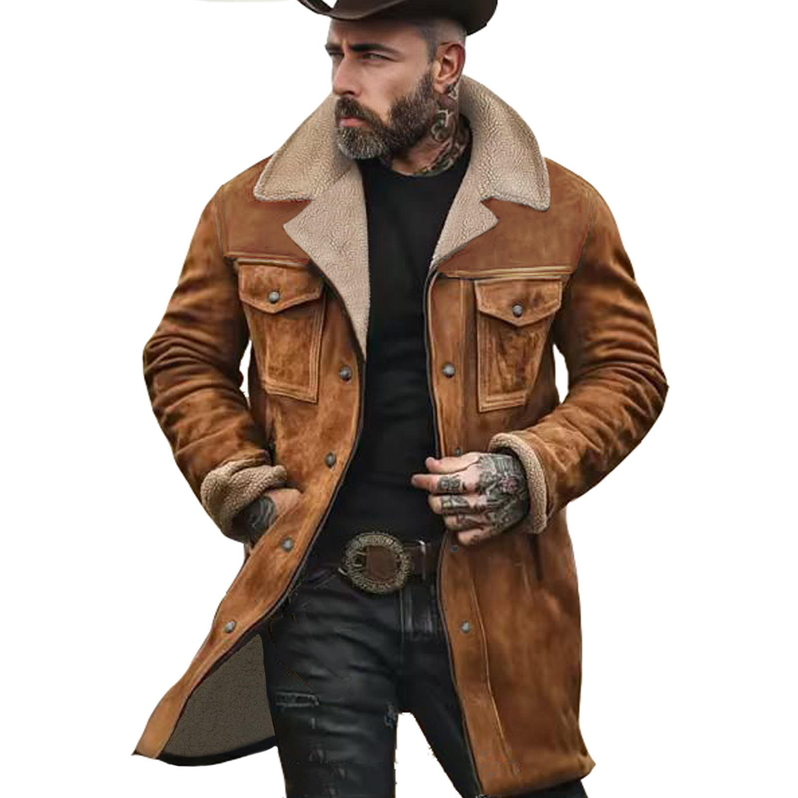 Yellowstone Series - Men's Vintage Suede Patchwork Lamb Fleece Multi-Pocket Reverse Collar Outdoor Jacket Coat