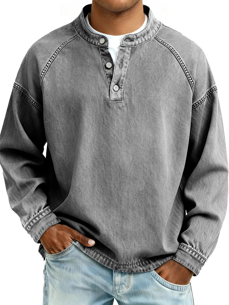 50% Off Today! - Men's Retro Fashion Distressed Stand-Collar Button Long-Sleeve Top