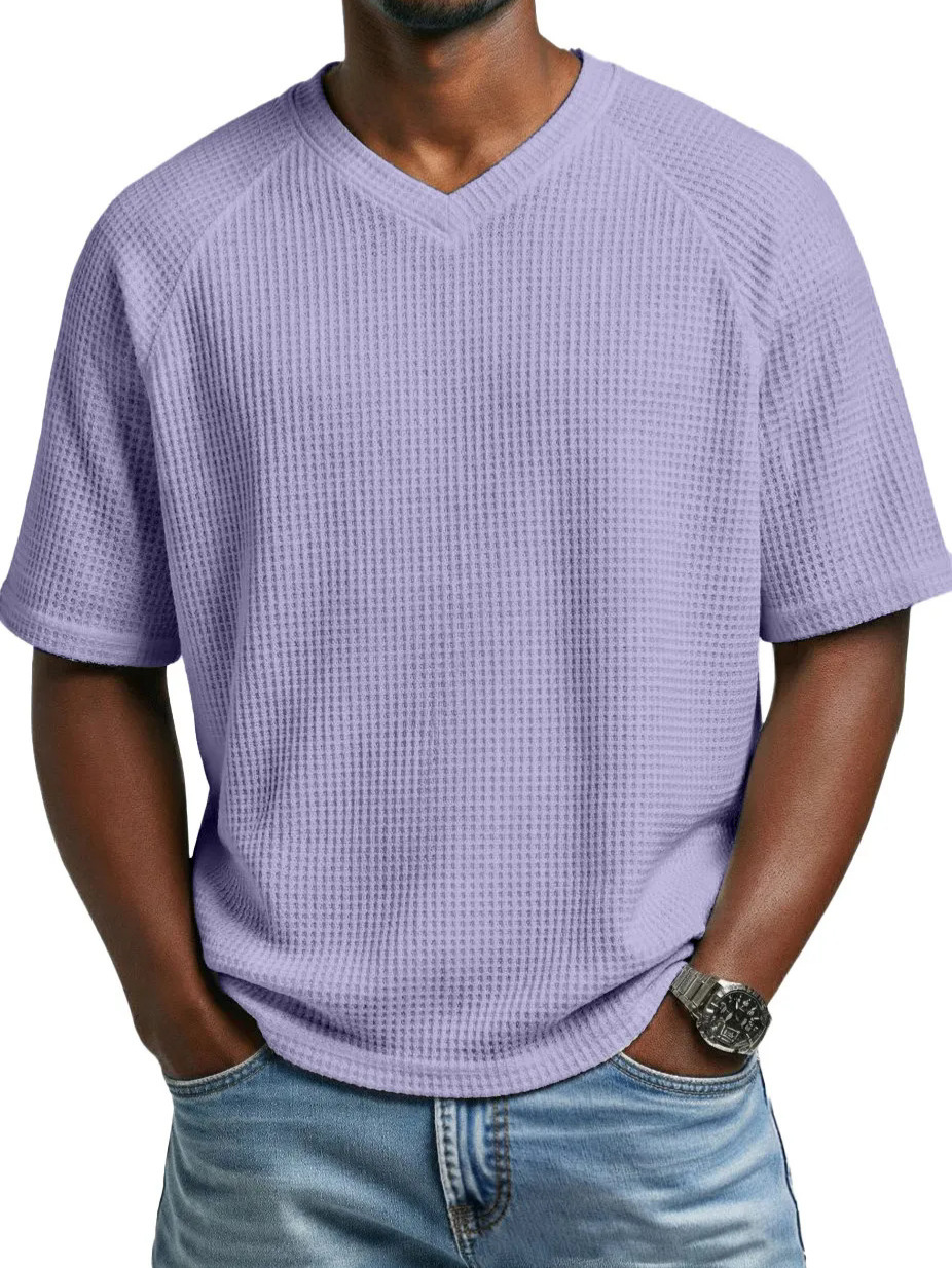 Spring Sale: Stylish Men's Waffle Knit Raglan V-Neck Short-Sleeve T-Shirt