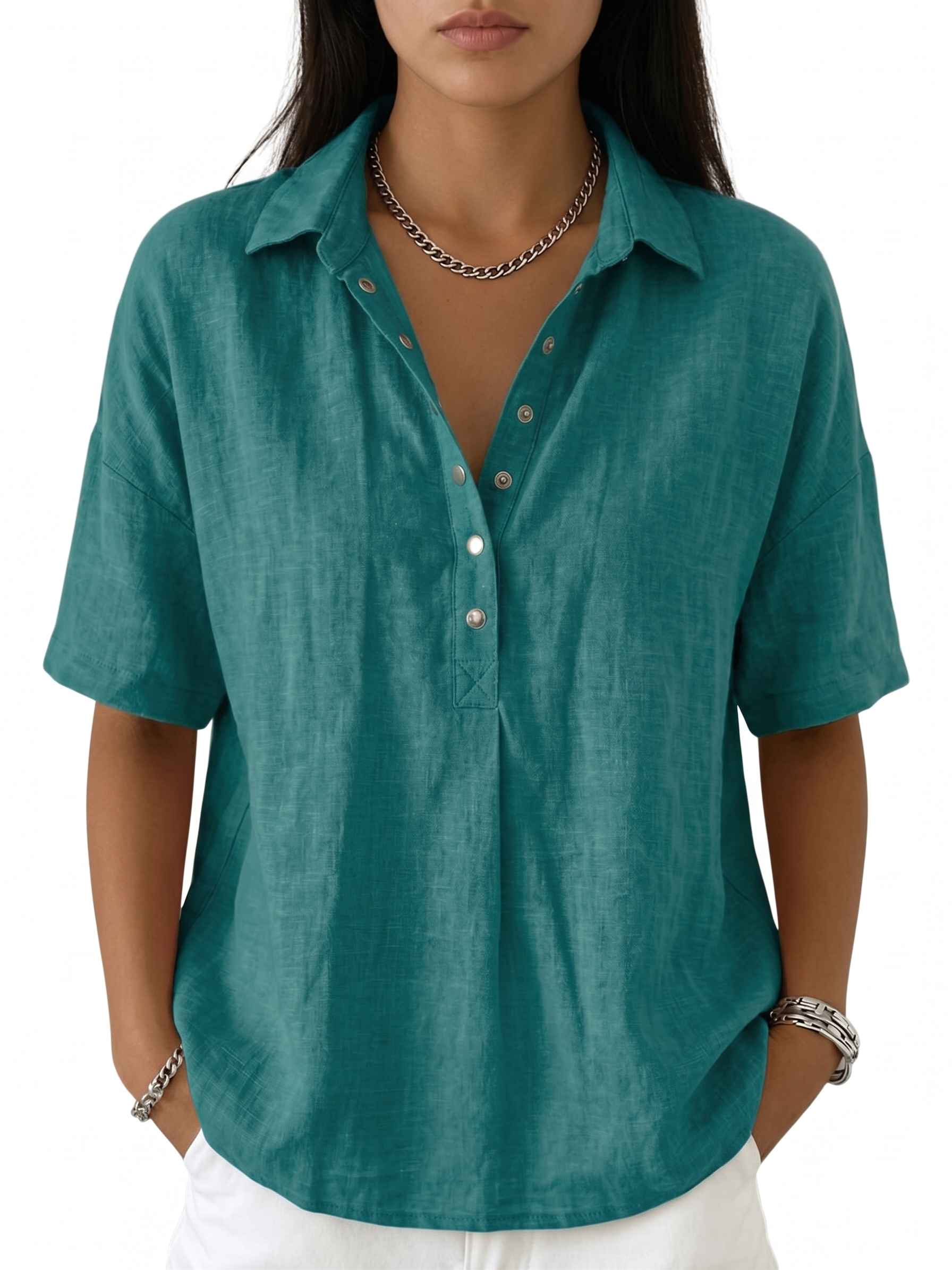 Women's Classic Linen Shirt Collar Short Sleeve Shirt