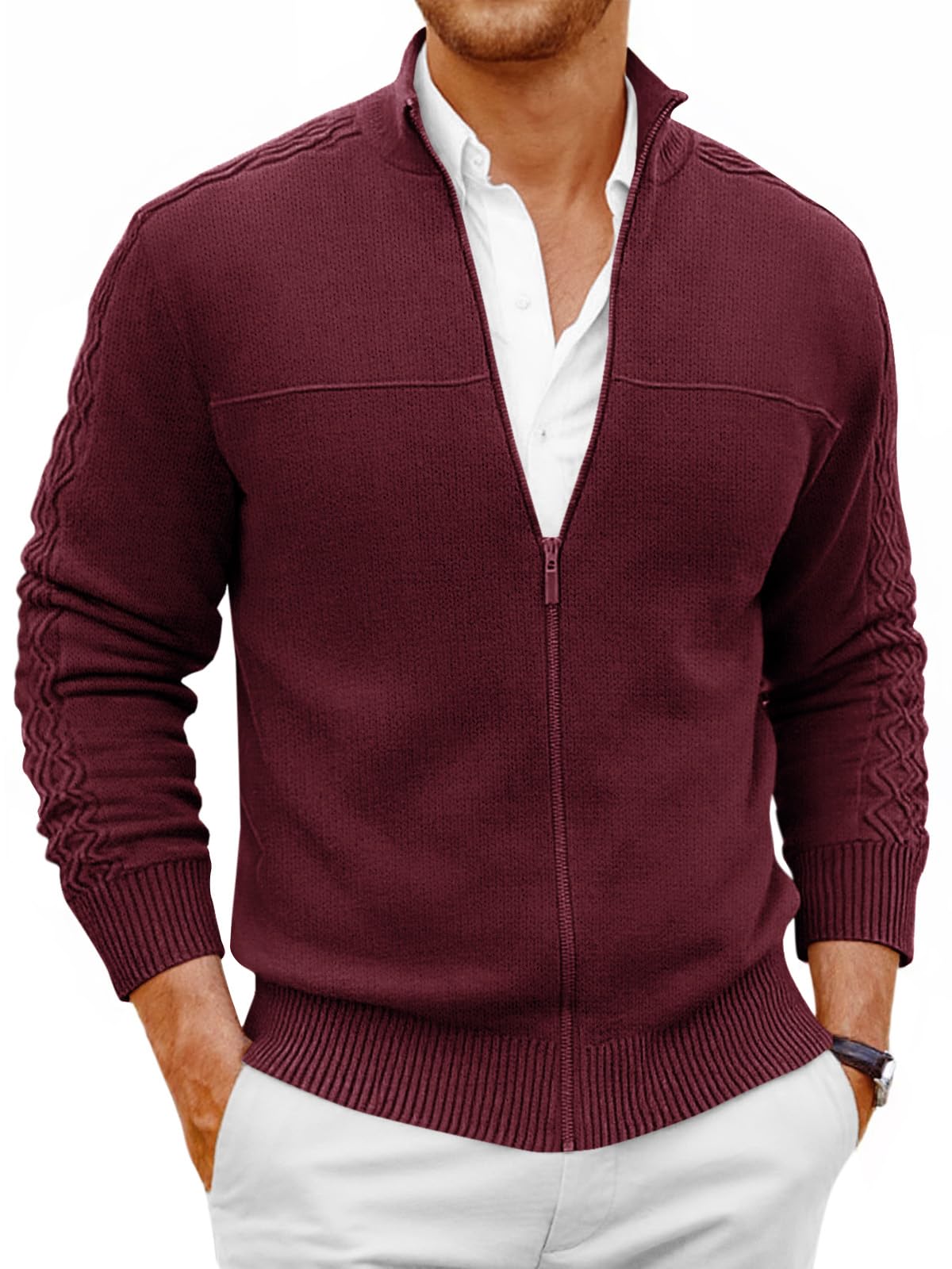 Mens Full Zip Cardigan Sweater Casual Mock Neck Cable Knitted Winter Chunky Sweaters