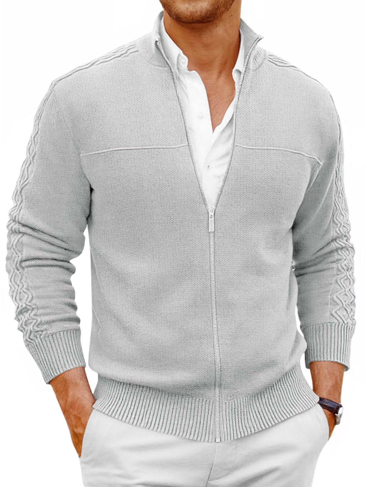 Mens Full Zip Cardigan Sweater Casual Mock Neck Cable Knitted Winter Chunky Sweaters