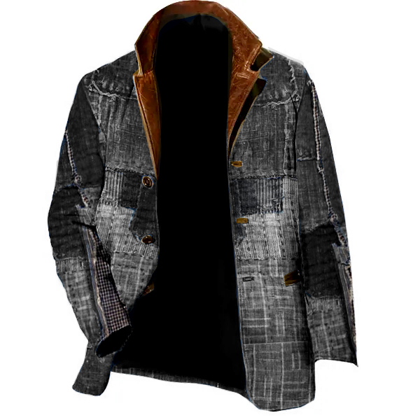 Men's Fashion Retro Patchwork Stand-Collar Long-Sleeve Jacket