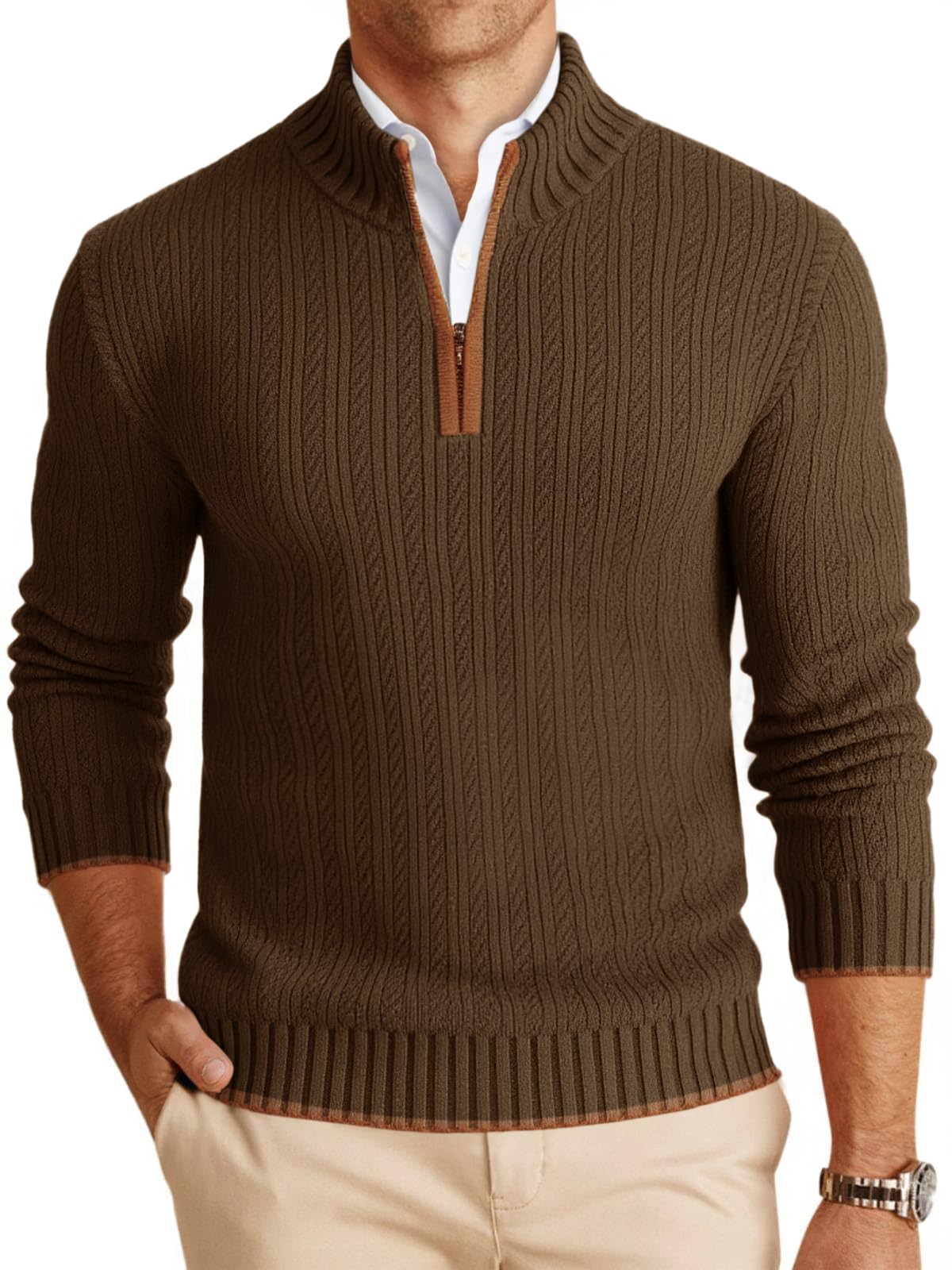 Mens Quarter-Zip Pullover Sweater Casual Mock Neck Knitted Winter Warm Ribbed Polo Sweaters