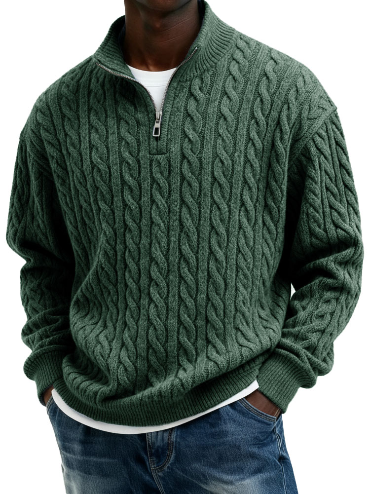 Men’s Casual Twist-Texture Half-Zip Stand Collar Pullover Top