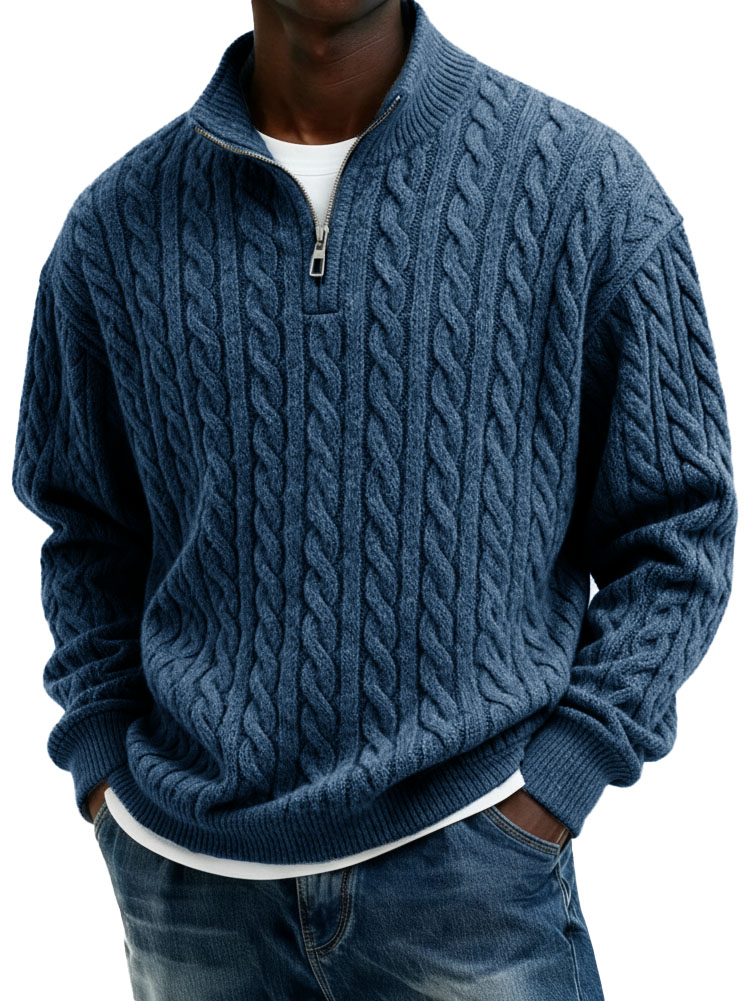 Men’s Casual Twist-Texture Half-Zip Stand Collar Pullover Top