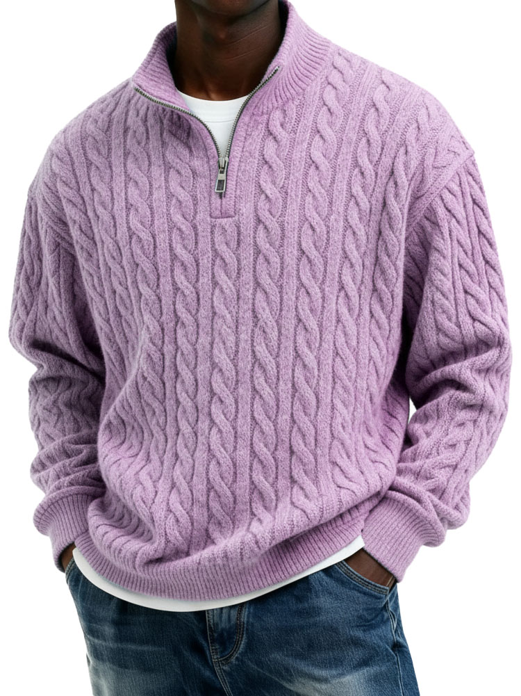 Men’s Casual Twist-Texture Half-Zip Stand Collar Pullover Top