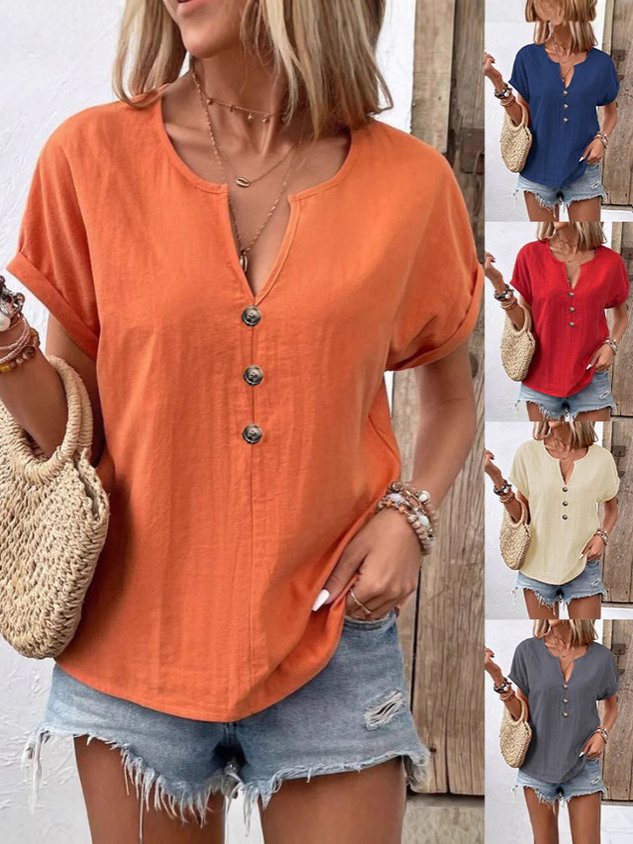 Women Plain Short Sleeve Tee T-shirt V Neck Casual Summer Top