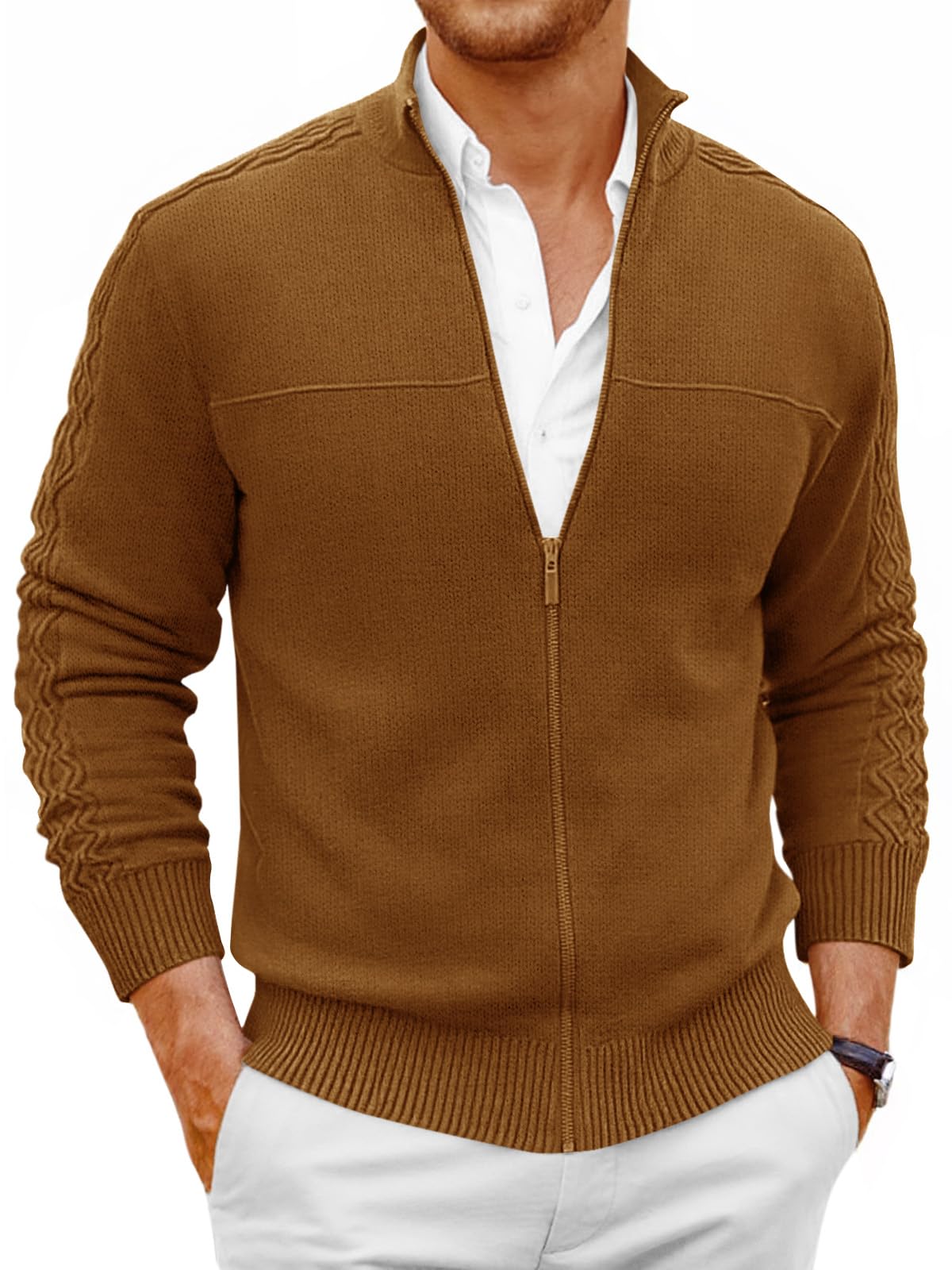 Mens Full Zip Cardigan Sweater Casual Mock Neck Cable Knitted Winter Chunky Sweaters