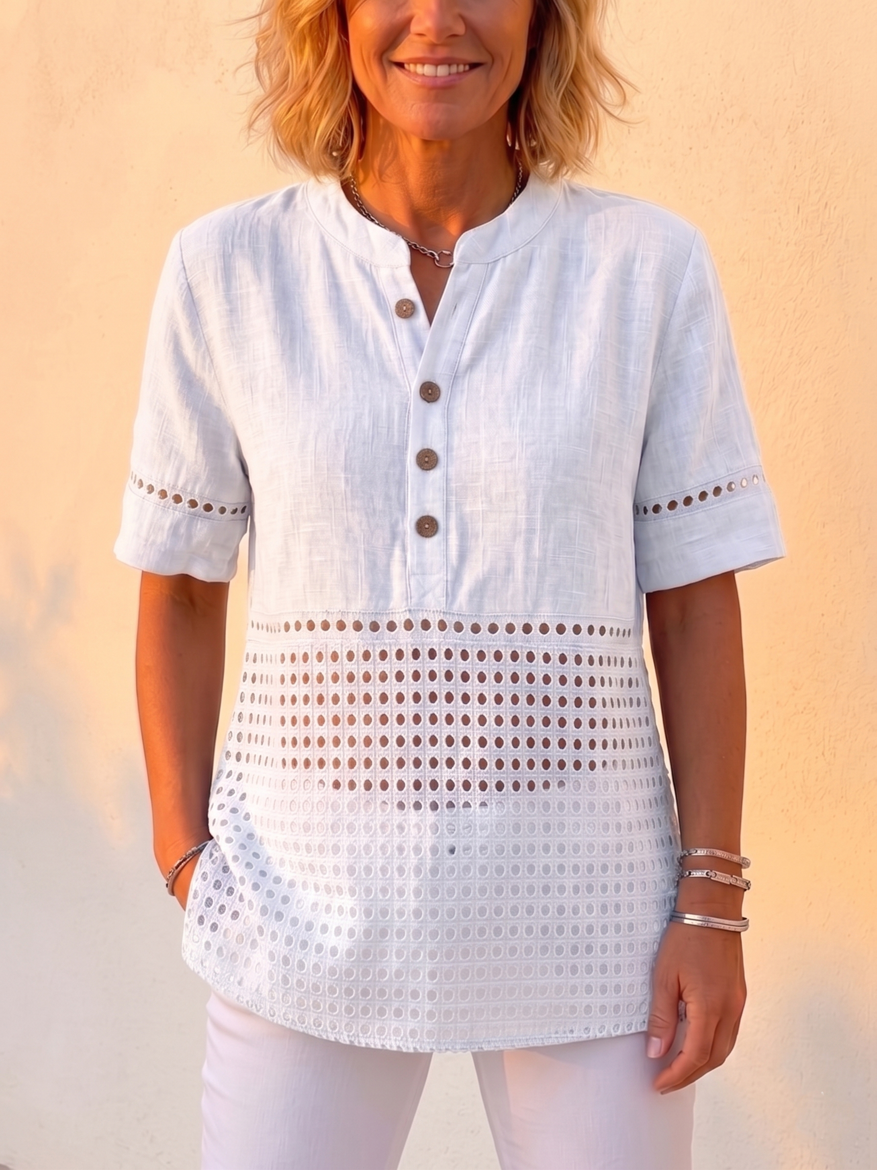 Clearance Sale🔥 Women's Timeless Cotton Linen Eyelet Lace Short Sleeve Shirt, Boho Button-Up Henley Blouse