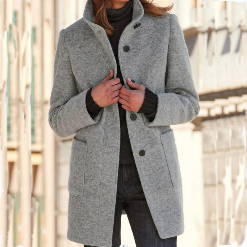 2025 Women’s Vintage Stand Collar Wool Coat with Button Closure