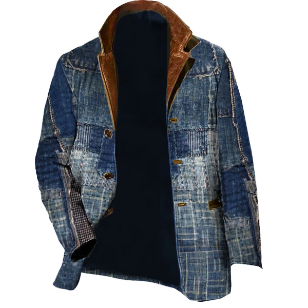 Men's Fashion Retro Patchwork Stand-Collar Long-Sleeve Jacket