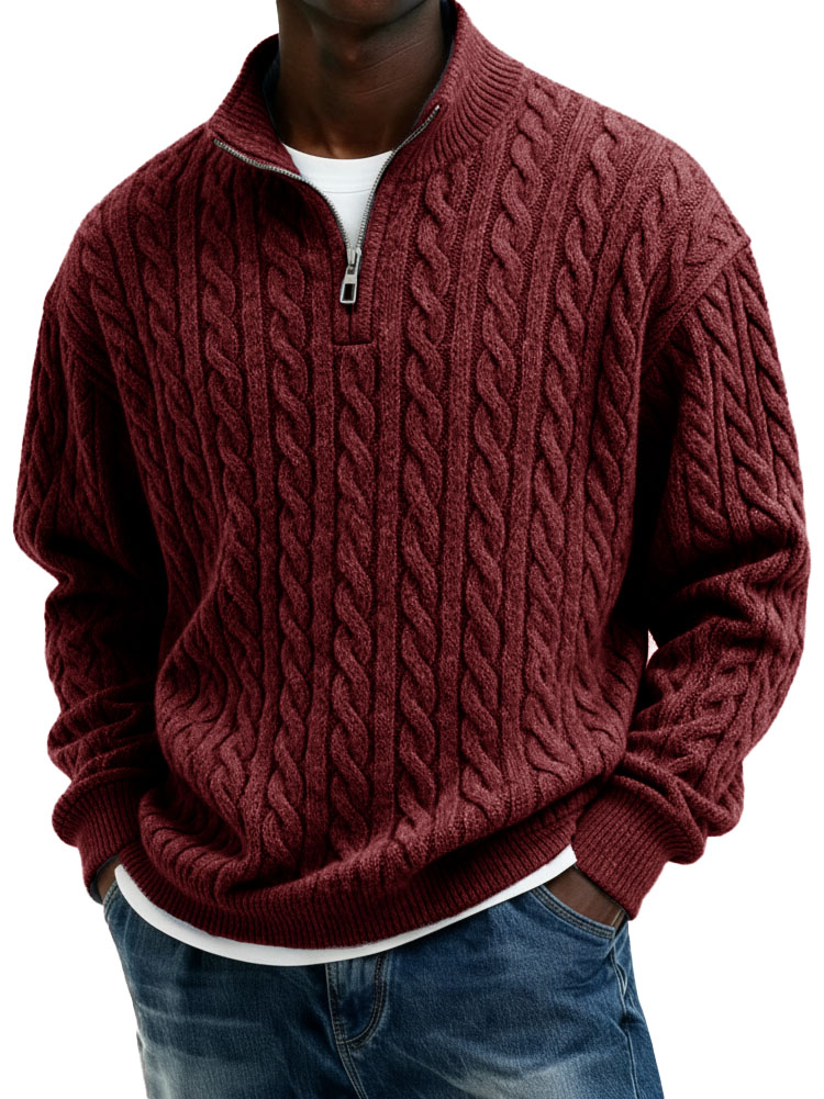 Men’s Casual Twist-Texture Half-Zip Stand Collar Pullover Top