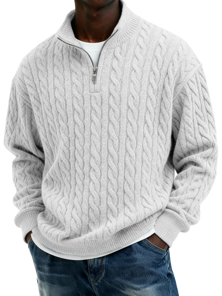 Men’s Casual Twist-Texture Half-Zip Stand Collar Pullover Top