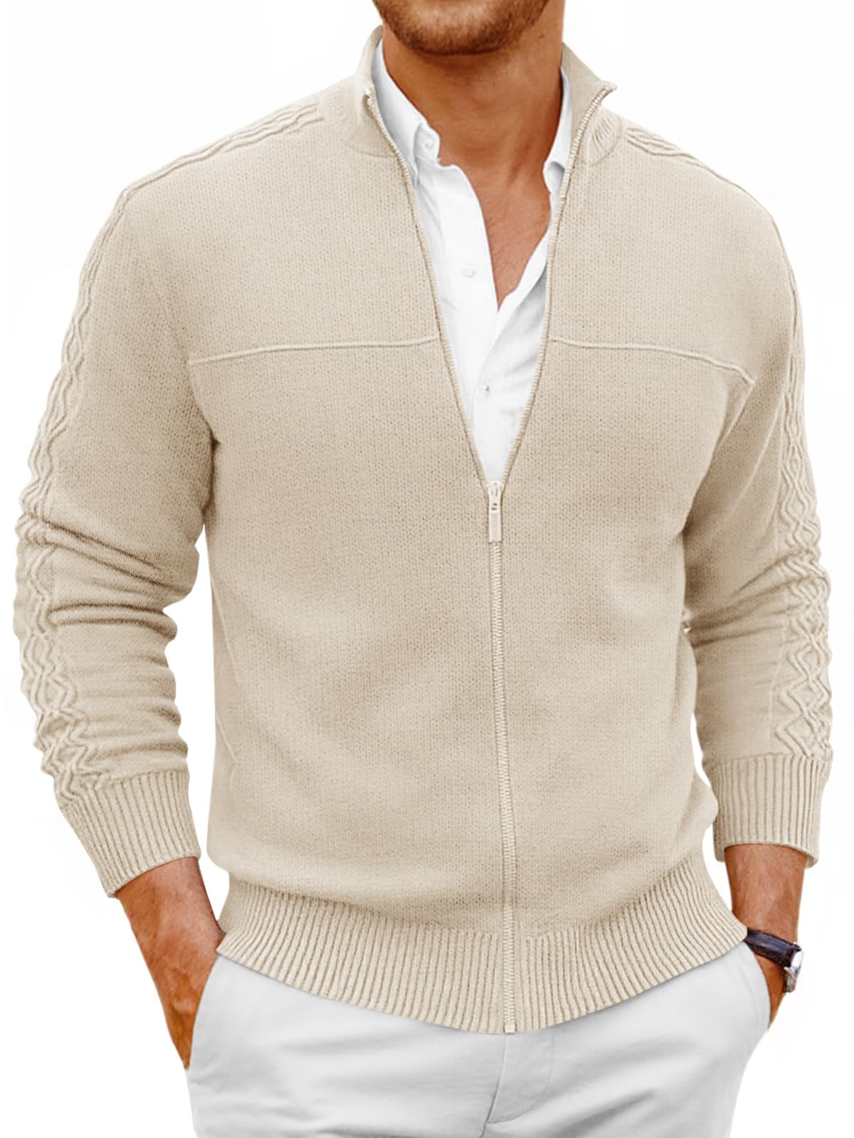 Mens Full Zip Cardigan Sweater Casual Mock Neck Cable Knitted Winter Chunky Sweaters