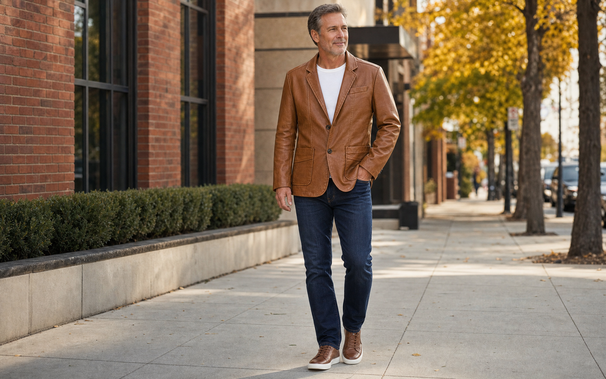Mature man wearing a men's vegan leather blazer during fall