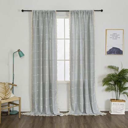 Boho Linen Cotton Short Curtain with Tassels | Semi-Blackout Café Curtain | Bohemian Farmhouse Style for Bedroom/Living Room/Kitchen