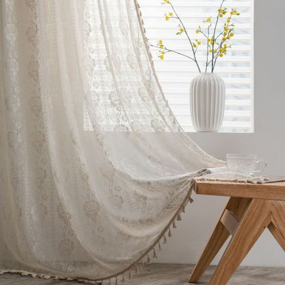 Emanchi Yun Crochet Curtains – Sheer Beige, American Country Style, Ready-Made for Living Room, Balcony & Bedroom