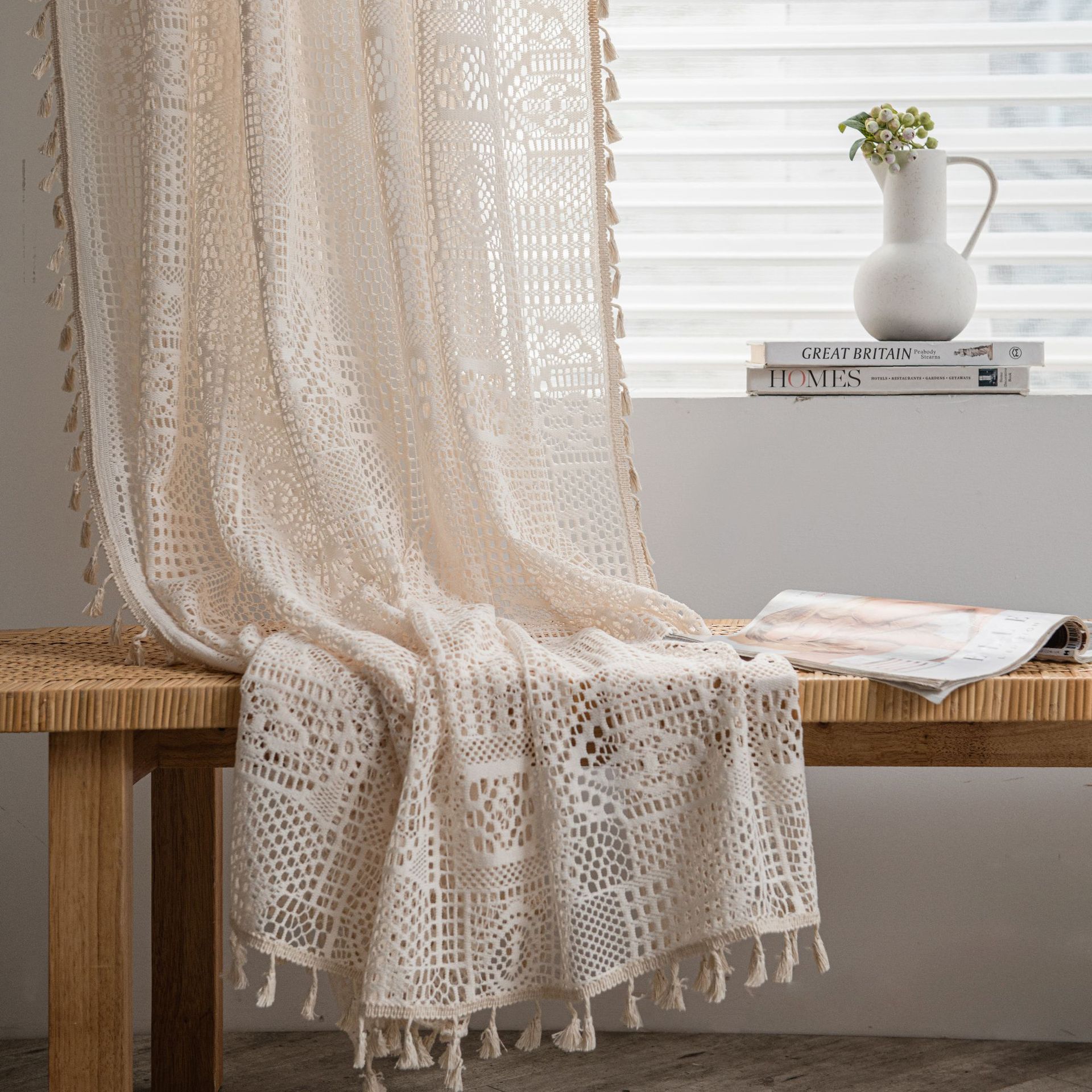 Emanchi Yun Crochet Curtains – Sheer Beige, American Country Style, Ready-Made for Living Room, Balcony & Bedroom