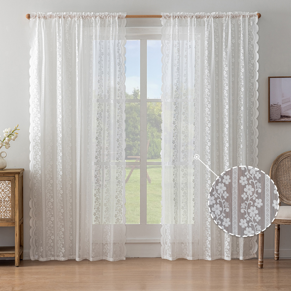 New Vertical Stripe Rose Knitted Lace Curtain │ Rod Pocket │ Semi-Blackout │ Elegant Window Décor