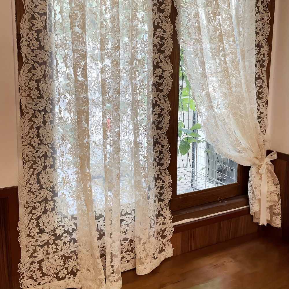 French Vintage Palace Lace Embroidered Sheer Curtain │ Light-Filtering │ Boho Semi-Partition Door/Window Panel