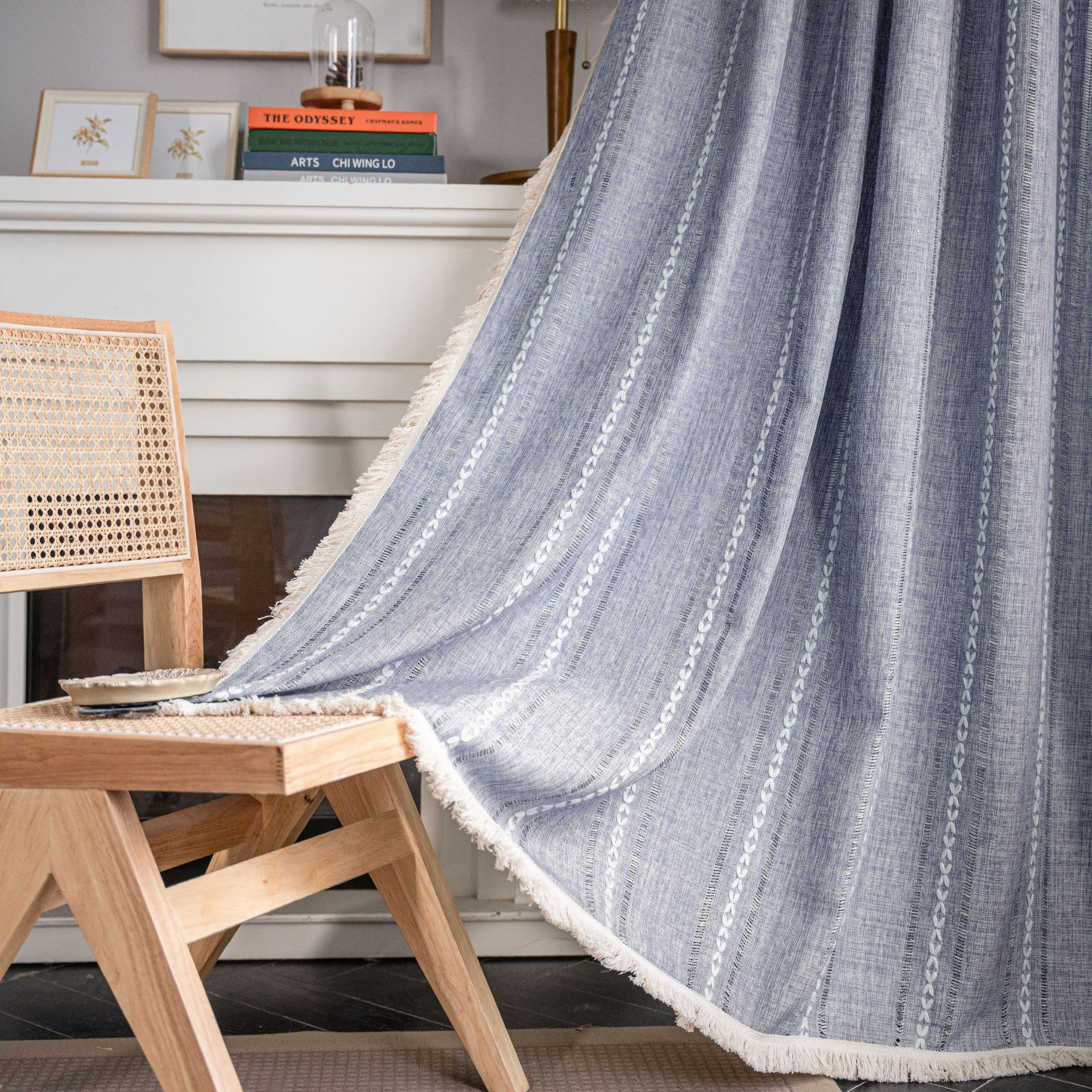 Hollow Stripe Semi-Blackout Embroidered Curtain – Green Solid Color with Contrast Trim, Country Style with Tassels for Kitchen