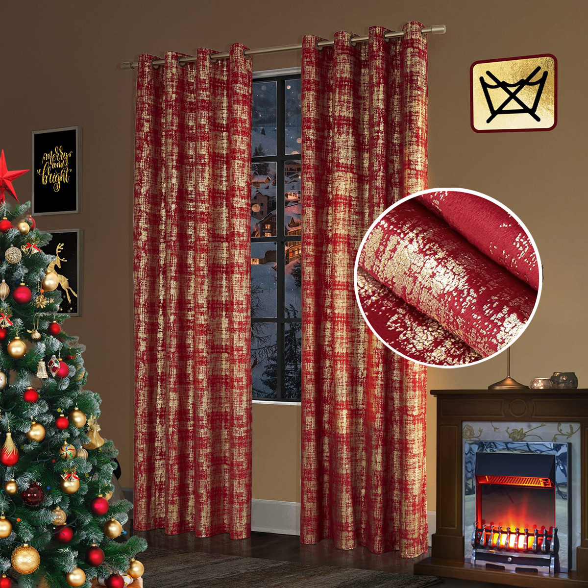 Christmas Red Gold-Stamped Curtain — Festive Holiday Window Decor for Bedroom & Living Room