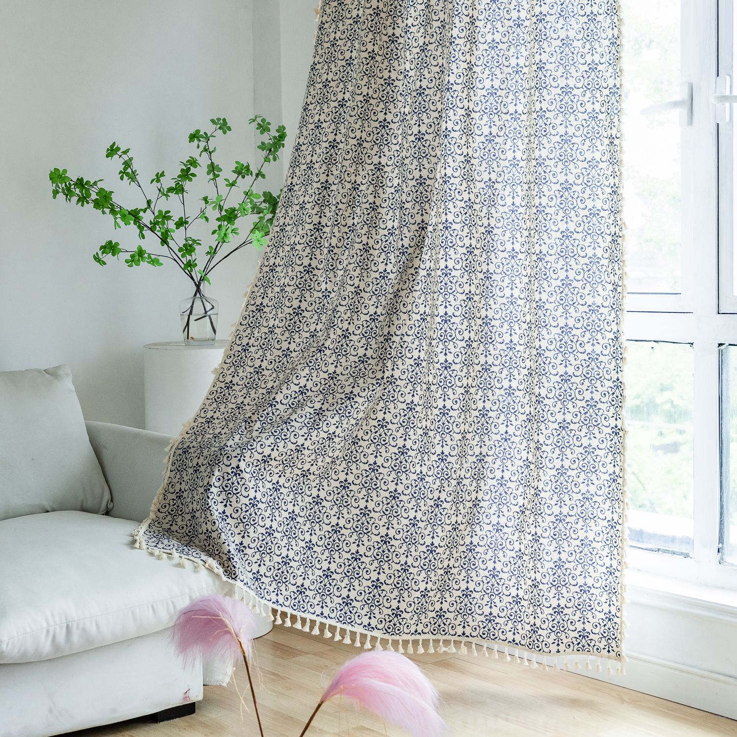 New Coffee Short Curtain │ Semi-Blackout │ Small Window │ Blue Printed Panel │ Ready-Made