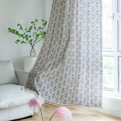 New Coffee Short Curtain │ Semi-Blackout │ Small Window │ Blue Printed Panel │ Ready-Made