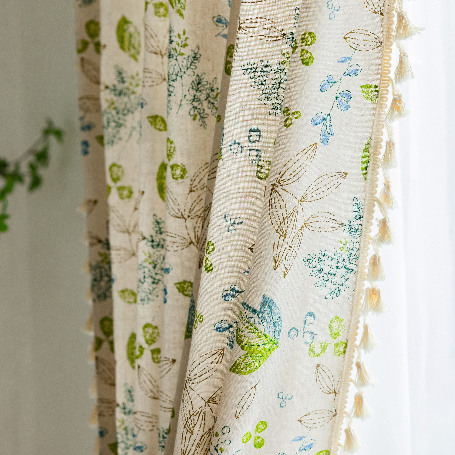 Rod Pocket Curtain │ Cute Green Leaf Floral │ Cotton-Linen │ Japanese & Korean Style │ Short Half Panel for Kitchen / Small Window