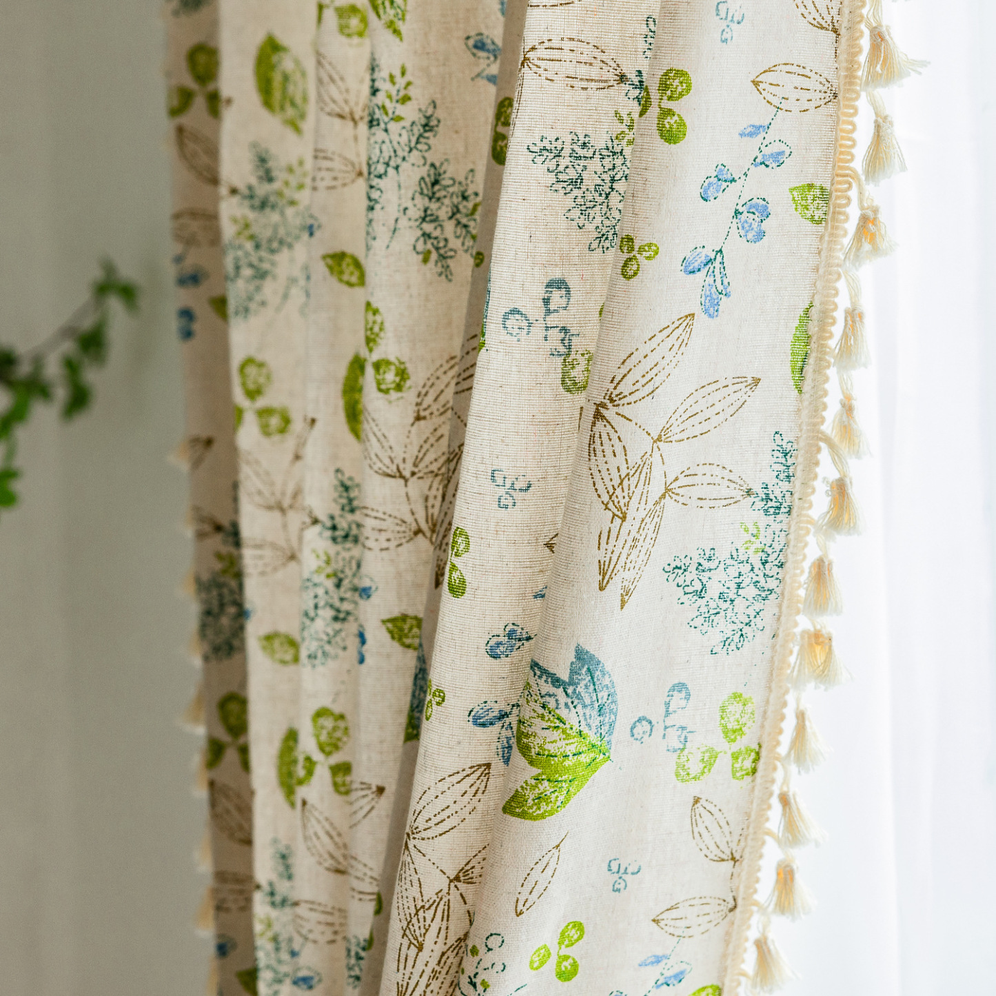 Rod Pocket Curtain │ Cute Green Leaf Floral │ Cotton-Linen │ Japanese & Korean Style │ Short Half Panel for Kitchen / Small Window