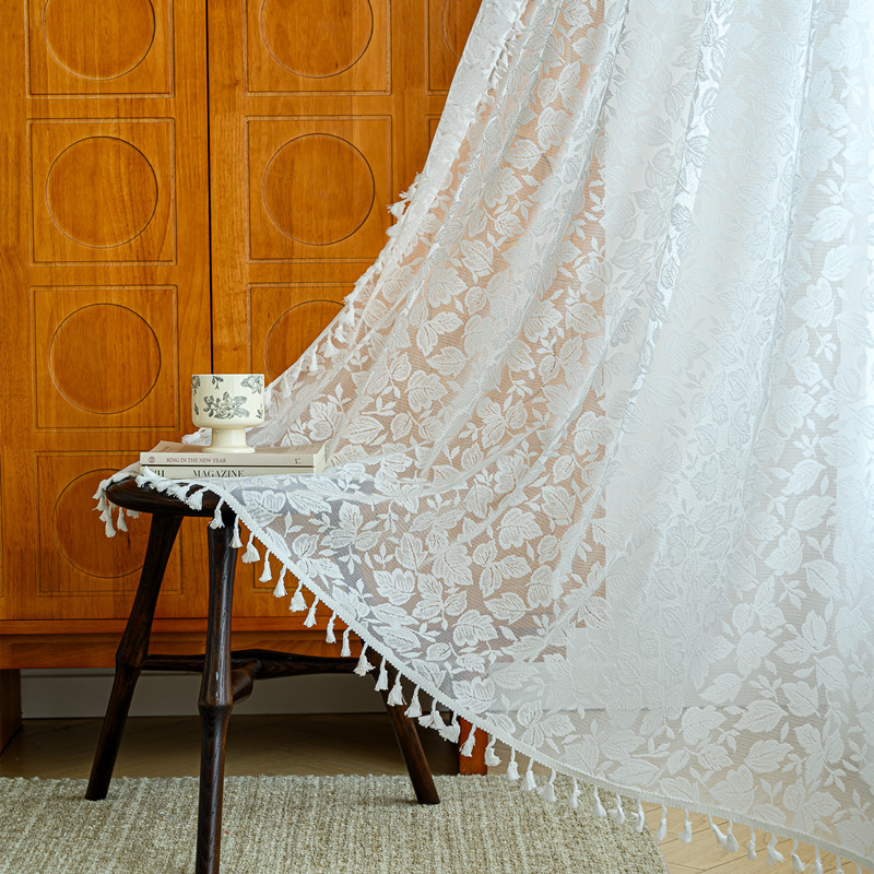 Rod Pocket French Sheer Lace Curtain │ Hollow Design │ Bohemian Tassel │ Bedroom & Living Room