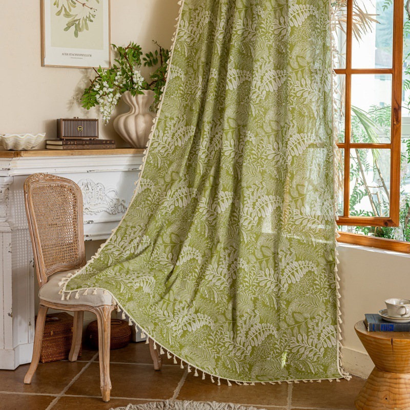 Nordic INS Style Green Plant Printed Curtain │ Semi-Blackout │ No-Drill Ready-Made │ Balcony & Bay Window