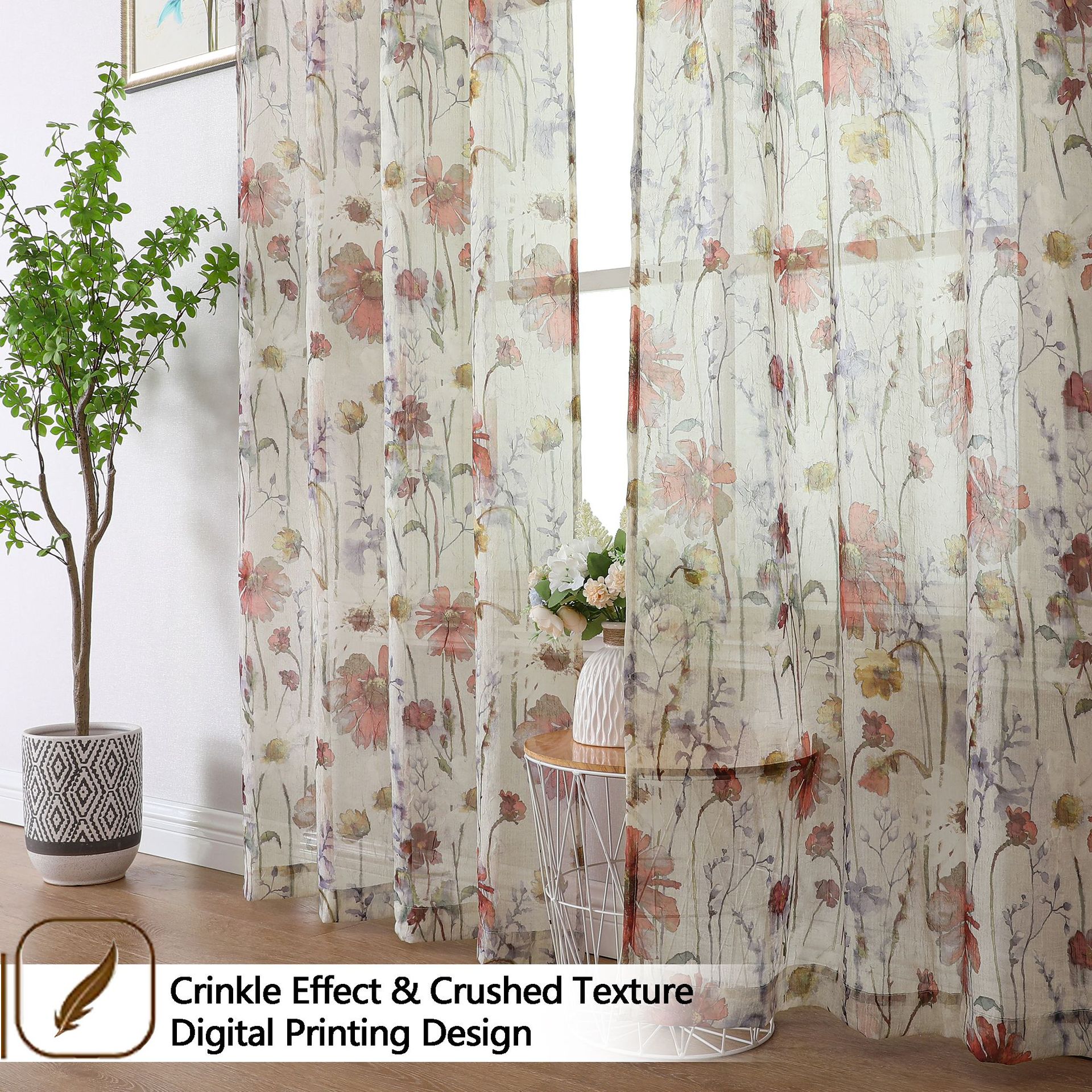 New Hot-Selling Printed Crinkled Terylene Sheer Curtain │ Custom Size Available │ Light & Airy Transparent Voile for Living Room/Home Décor