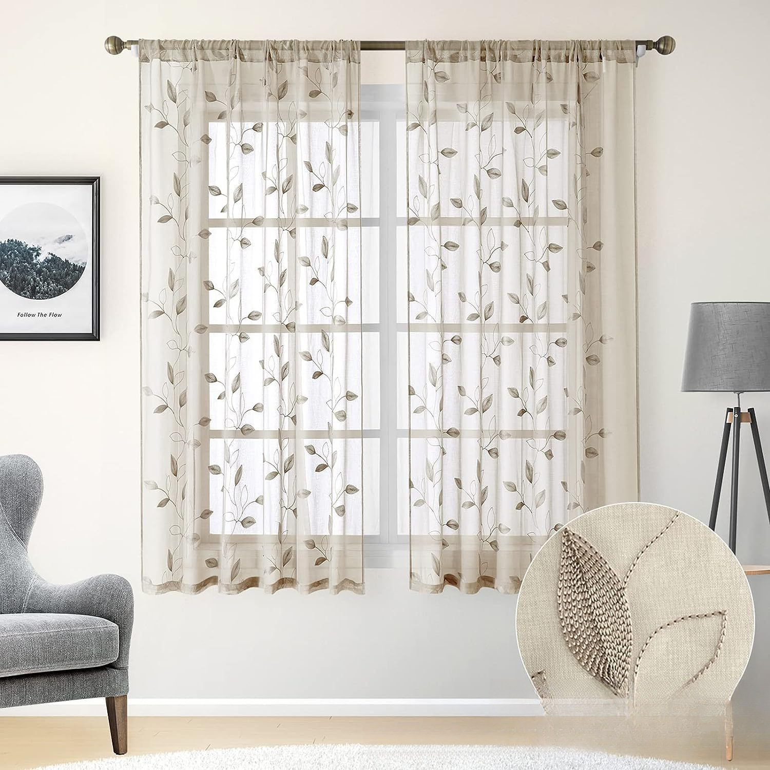 American-Style Leaf Embroidered Sheer Curtains – Ready-Made Panels for Living Room & Bedroom