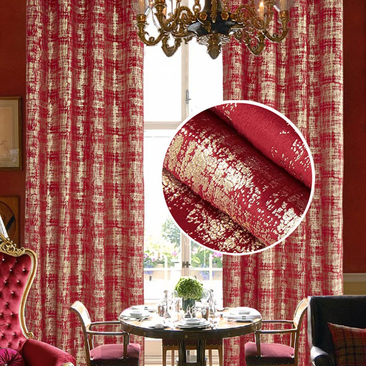 Christmas Red Gold-Stamped Curtain — Festive Holiday Window Decor for Bedroom & Living Room