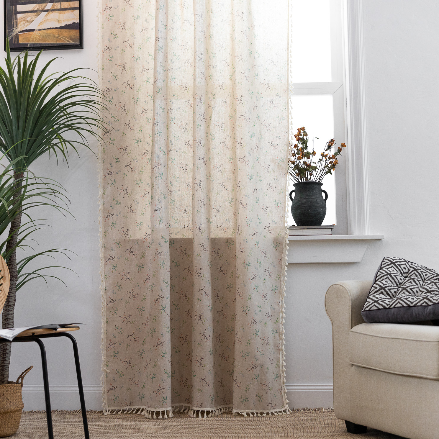 North American Style Cotton-Linen Half Curtain │ Tassel Trim │ Semi-Blackout │ Small Window / Kitchen / Bay Window