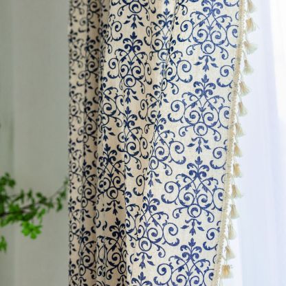 New Coffee Short Curtain │ Semi-Blackout │ Small Window │ Blue Printed Panel │ Ready-Made