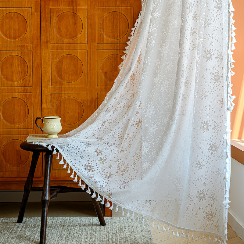 Rod Pocket French Sheer Lace Curtain │ Hollow Design │ Bohemian Tassel │ Bedroom & Living Room