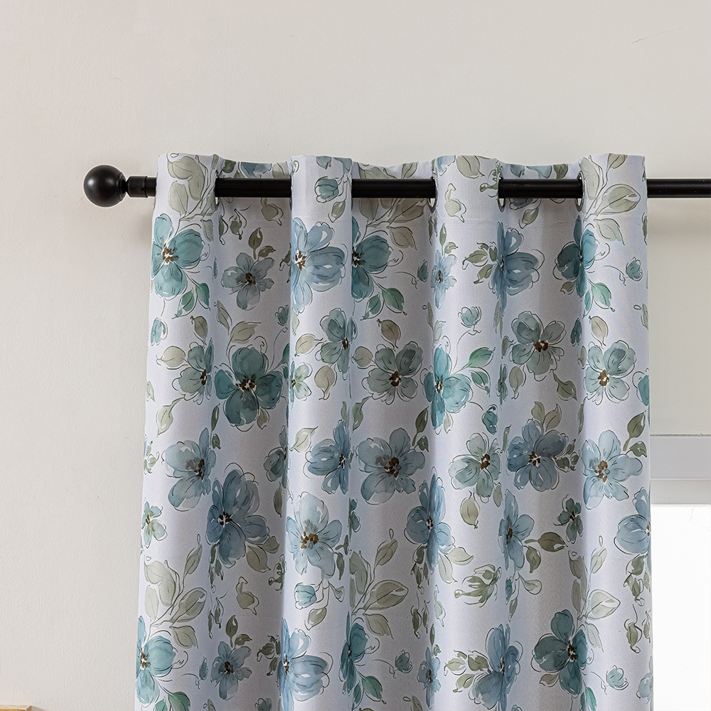 Blue Floral Printed Grommet Blackout Curtains – Small Panels for Bedrooms & Living Rooms