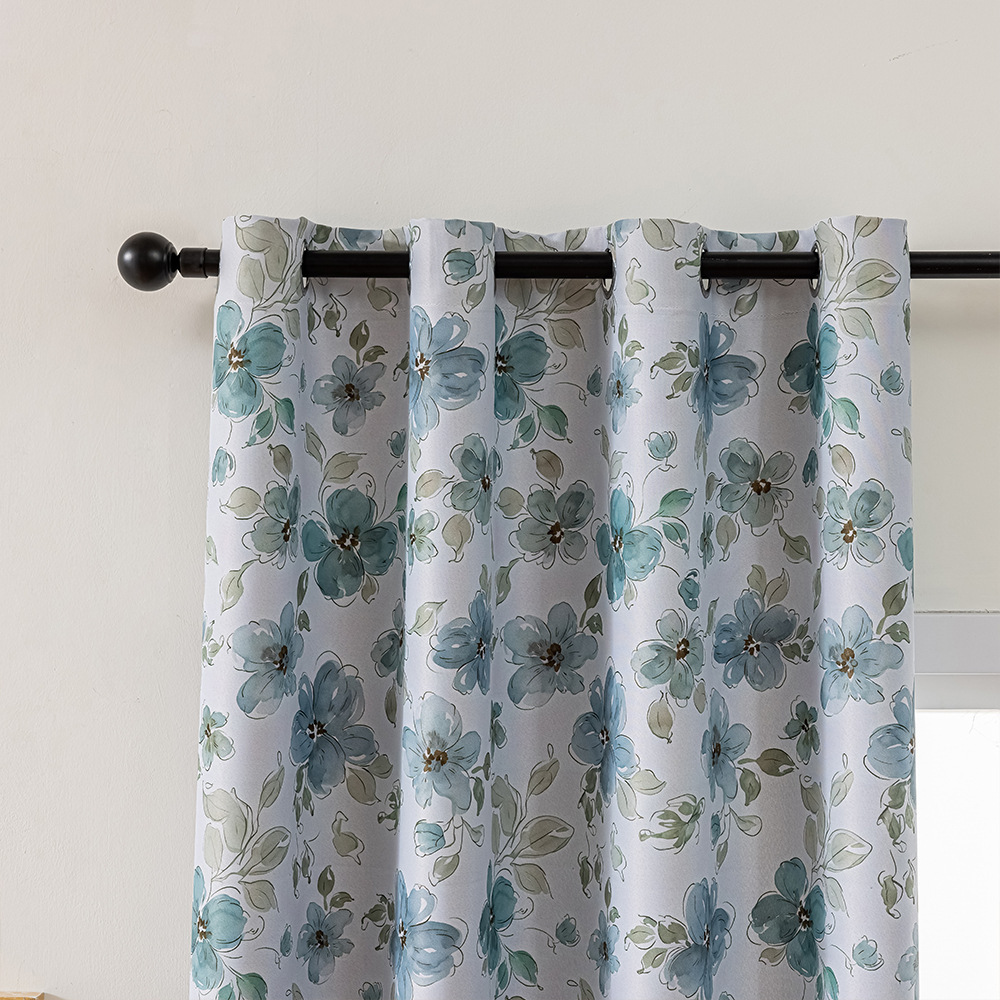 Blue Floral Printed Grommet Blackout Curtains – Small Panels for Bedrooms & Living Rooms