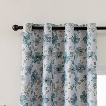 Blue Floral Printed Grommet Blackout Curtains – Small Panels for Bedrooms & Living Rooms
