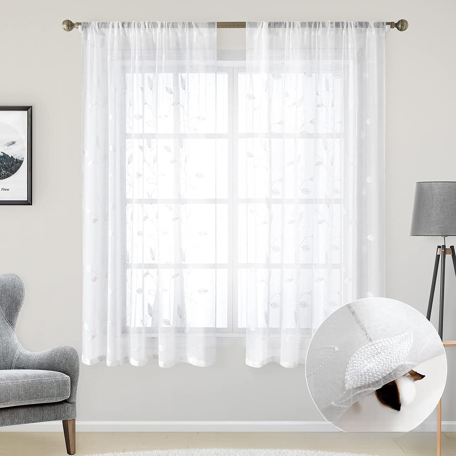 American-Style Leaf Embroidered Sheer Curtains – Ready-Made Panels for Living Room & Bedroom