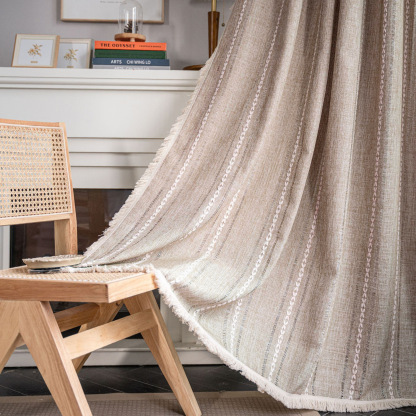 Hollow Stripe Semi-Blackout Embroidered Curtain – Green Solid Color with Contrast Trim, Country Style with Tassels for Kitchen